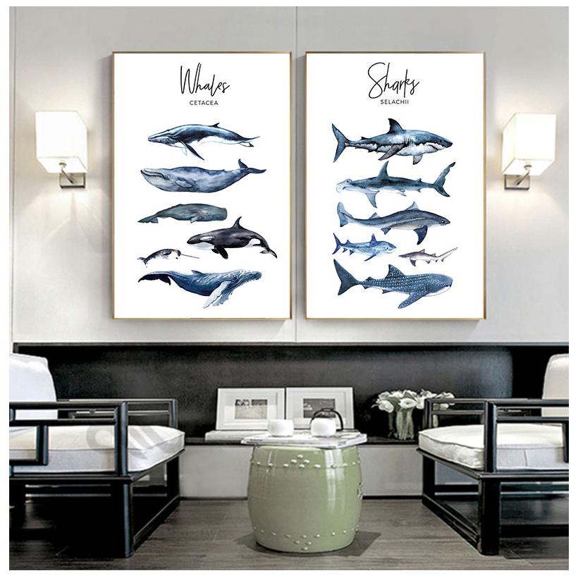 Nautical Sea Nursery Painting Whale Shark Canvas Poster Animal Art Print Education Wall Picture Nordic Kid Baby Bedroom Decor No Frame