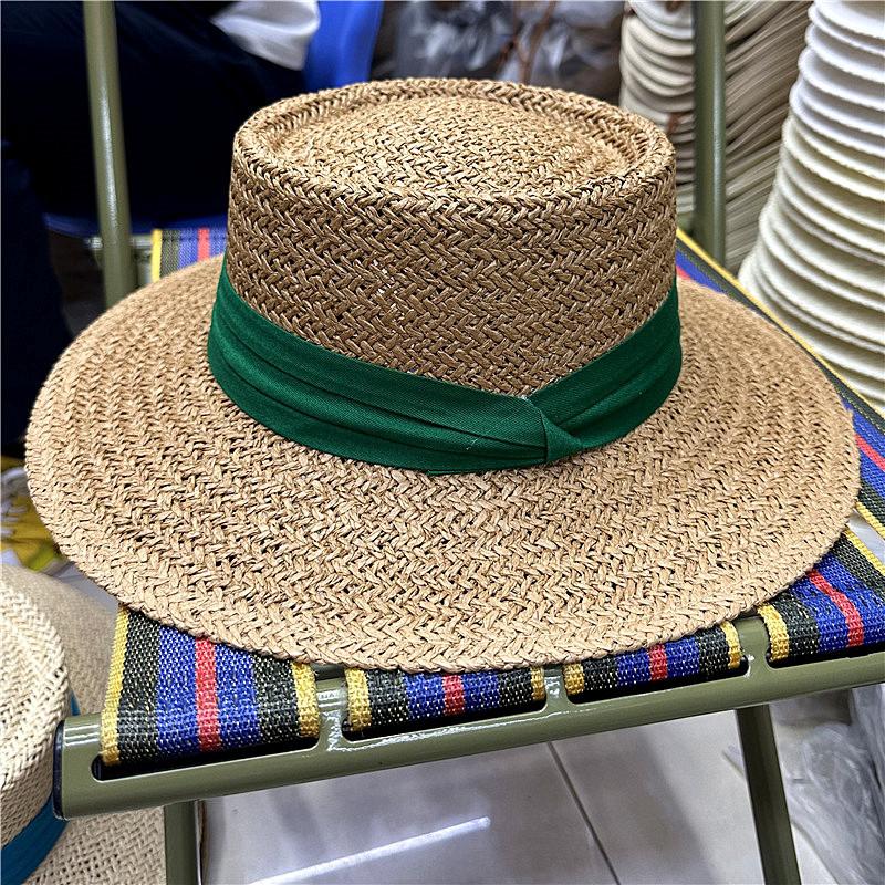 French Style Straw Boater Hat for Women, Wide Brim Sun Cap for Spring Summer Beach, British Retro Flat Top