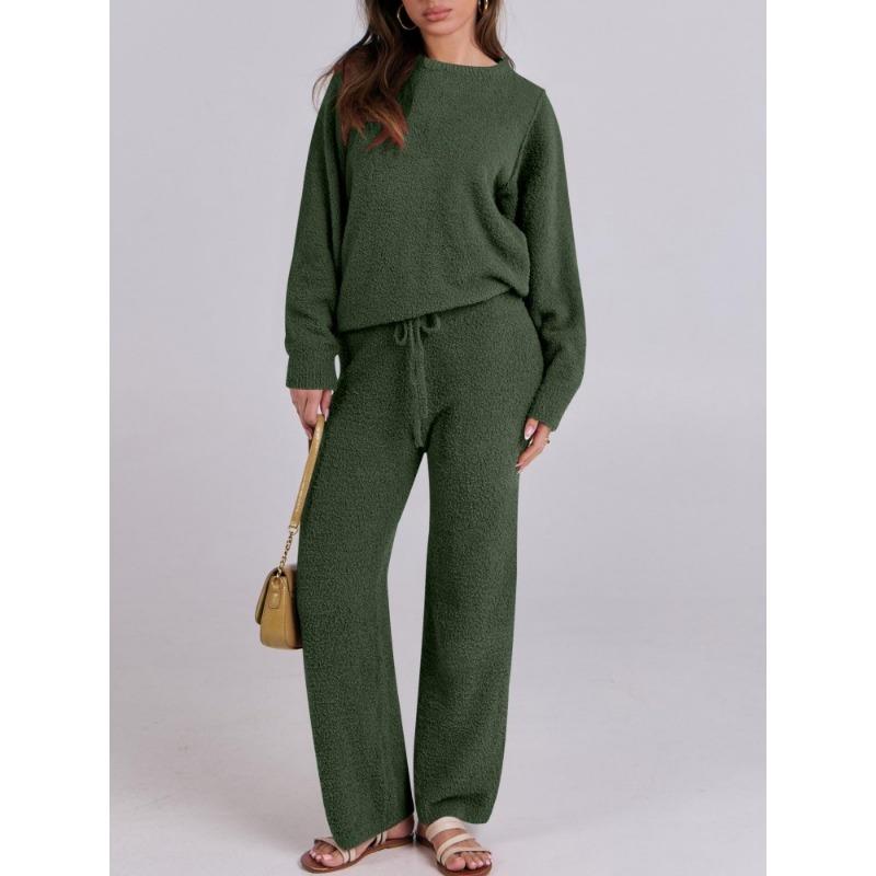 Women Fuzzy Knit Two Piece Set Round Neck Long Sleeve Sweater And Wide Leg Pants Loungewear