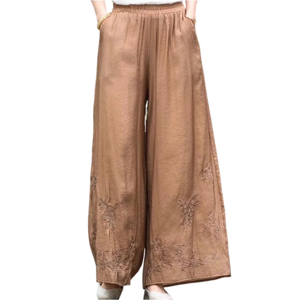 Pantaloni Casual da Donna alla Moda in Cotone e Lino Ricamati a Doppio Strato con Gamba Dritta