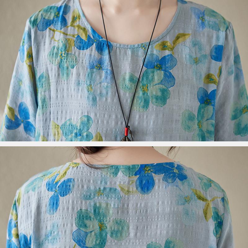 Cotton Linen Swing Long Dress Female Spring and Summer New Loose Thin Temperament Literary Retro Printing Long-sleeved Dresses