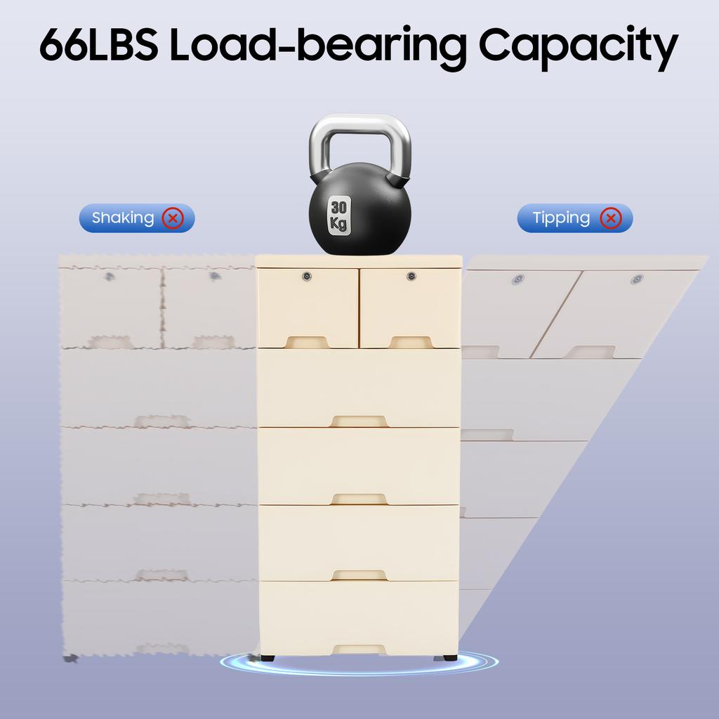 Versatile 6-Drawer Organizer Chest Food-Grade PP 66LBS Capacity Lockable Wheels Easy-Clean For Bedroom Closet