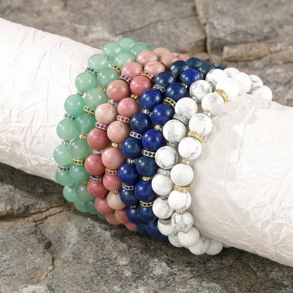 Elegant Semi-Precious Stone Beaded Bracelet - Light Luxury, High-End, Versatile Elastic Round Beads for Couples