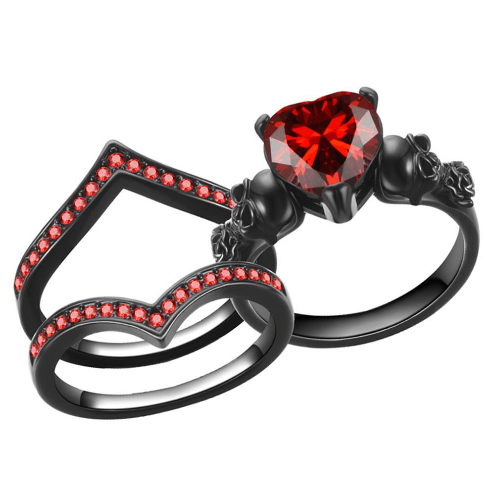 Gothic Black Rose Flower Skull Engagement Rings Set Red Purple Heart-shaped Zircon Crystal Wedding Anniversary Holiday Gift