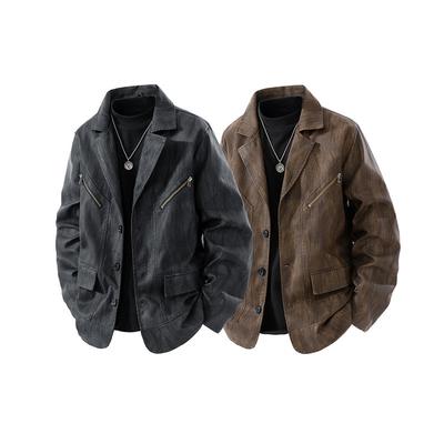 Washed Retro Motorcycle Suit Leather Jacket Spring and Autumn Men's Loose Suit Collar Leather Jacket Zipper Jacket