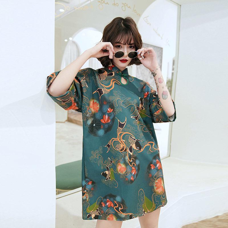 

Green Retro Chinese Qipao: Slimming Casual Short Dress Small