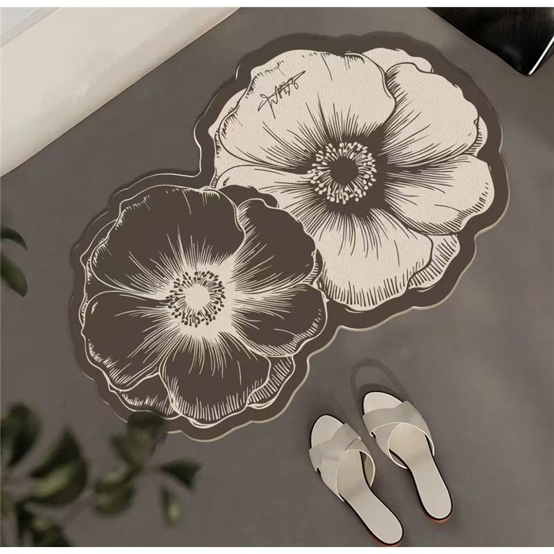 Rose Double Flower Luxury Absorbent Leather Floor Mat Non Slip Bathroom Entrance Mat Home Toilet Mat