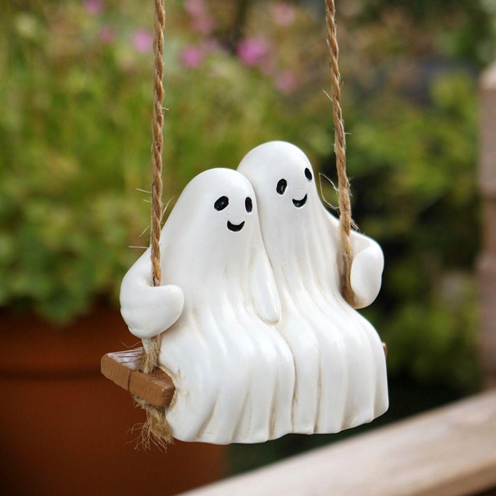 Resin Swinging Ghost Couple Ornament Cute Aesthetic Ghost Statue Pendant Waterproof Miniatures Figurine Sculpture Outdoor