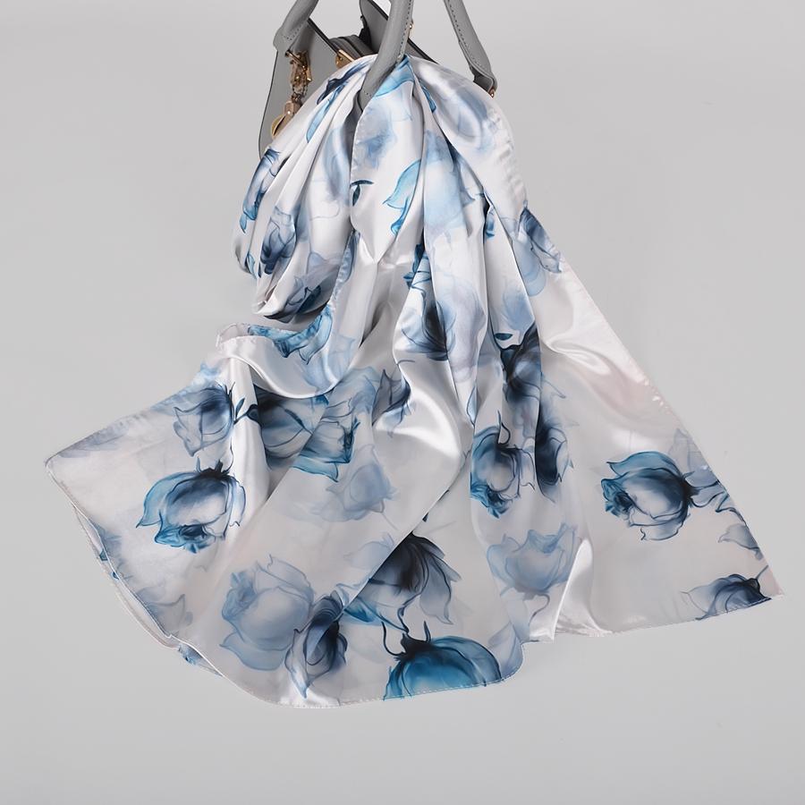 [BYSIFA] Fall New Silk Scarf Hijab Printed Elegant Green Plum Blossom Satin Long Scarves Shawls Winter Women Accessories Wraps