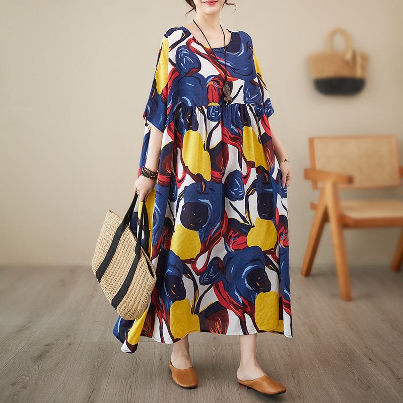 Simple Literary Rustic Style Small Fresh Summer New Loose Thin Abstract Print Short-sleeved Dress Female