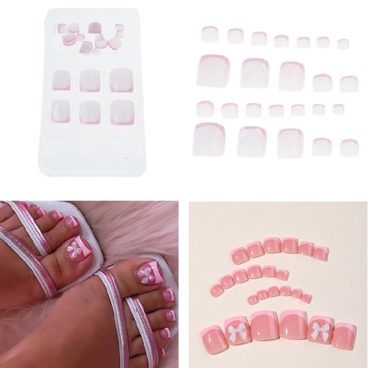 24x Bow False Toe Nails Full Cover False Toenails French Tip False Toenails