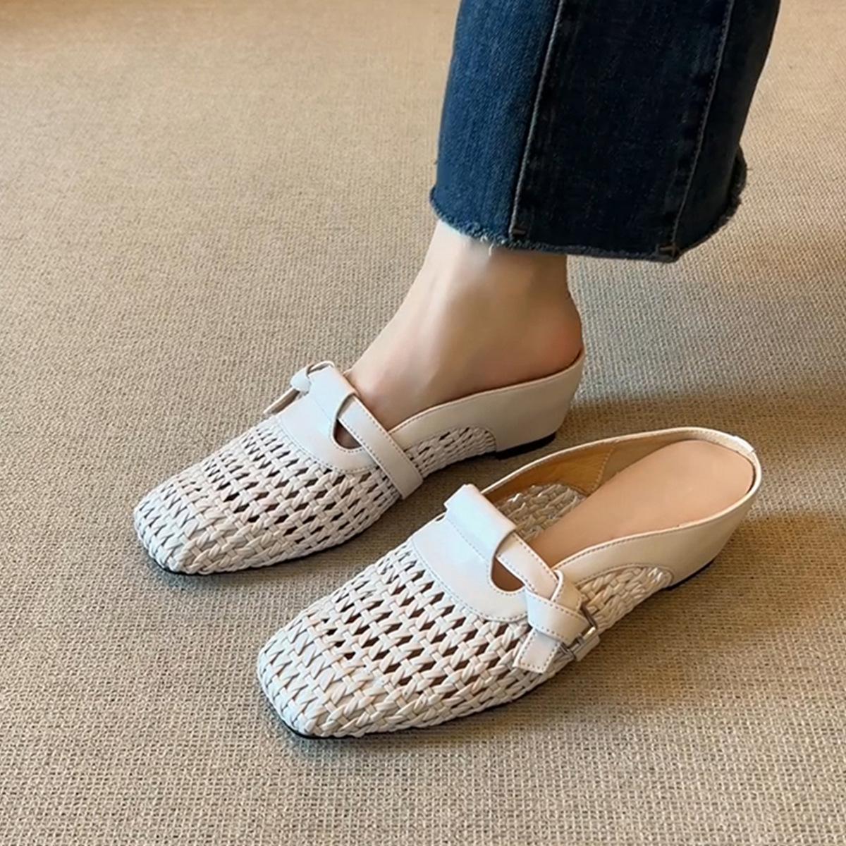 

High-end version~ French inner height increase new bag head sandals women s woven mesh breathable word with square head half slippers 40