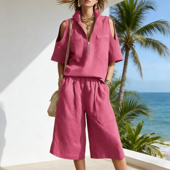 Two Piece Sweatsuit for Women Casual Half Zipper Short Sleeve Tops And Shorts Tracksuits Summer Lounge Outfits with Pockets
