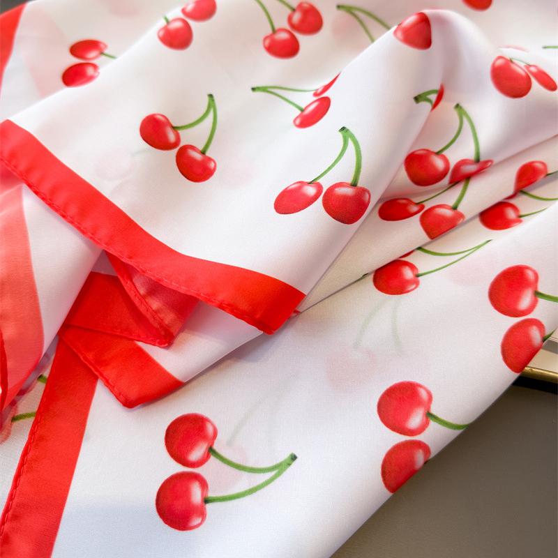 Luxury Red Cherry Printed Women Silk Scarf Summer Floral Shawl 70cm Square Scarves Small Neckties Hairbands Bags Hijab Wrap