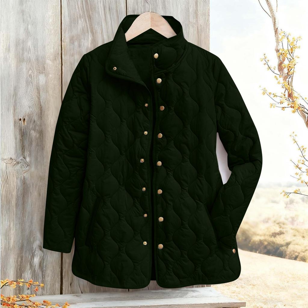 Women's Solid Color Stand-Up Collar Pleated Cotton Long Sleeve Button-Up Jacket