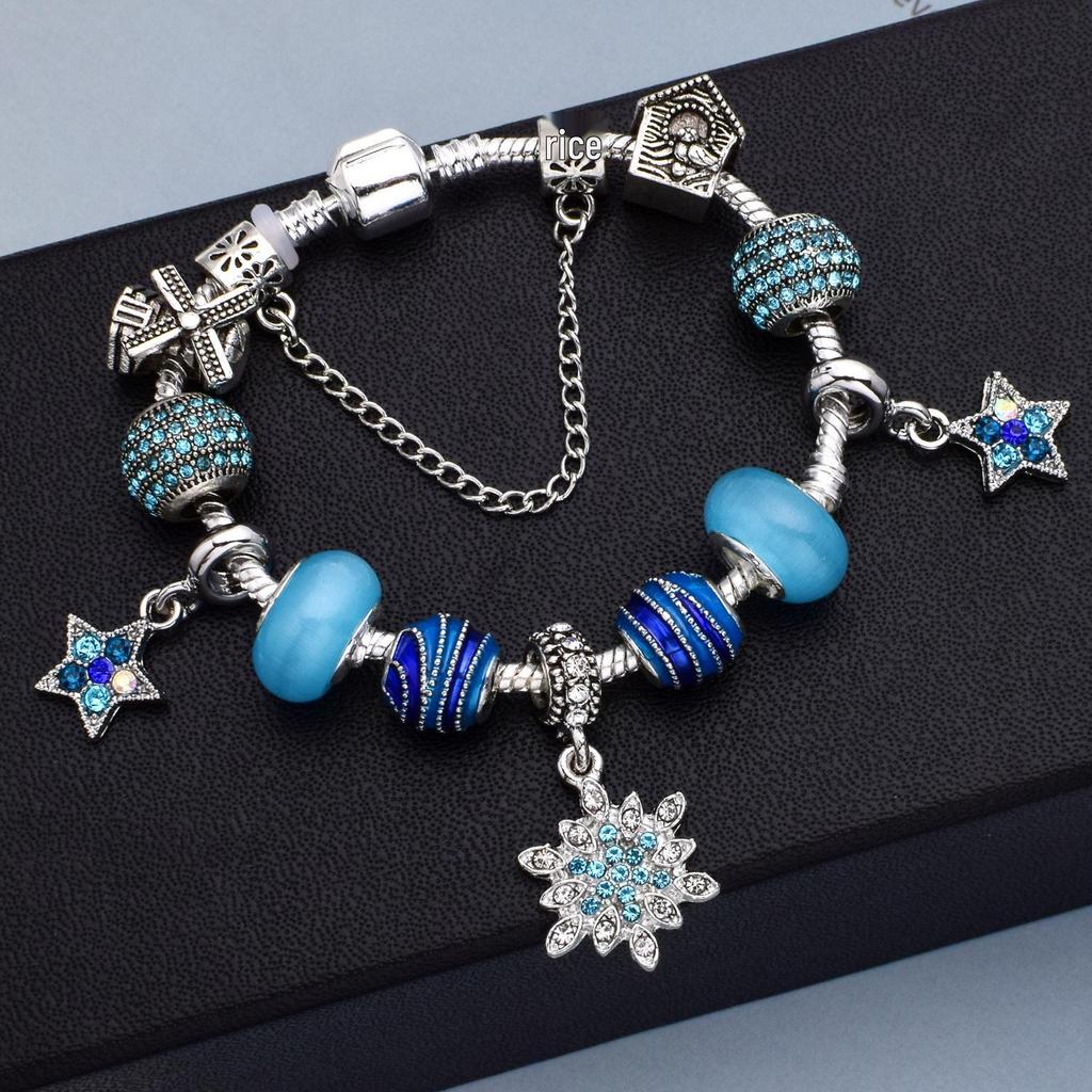 DIY Beaded Cat's Eye Stone Snowflake Bracelet, Pandora Style, Elegant Christmas Pendant Jewelry for Women