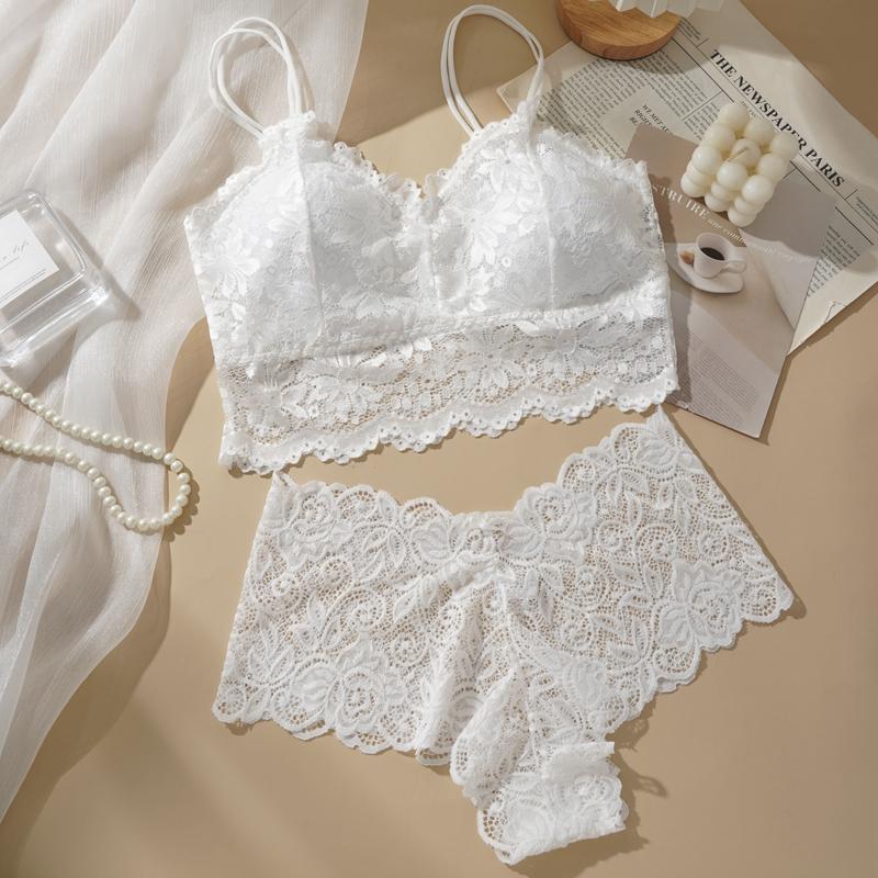 Womens Sexy Lace Bra Suit Solid Set Beautiful Back Lace Wireless Bra Panty Set
