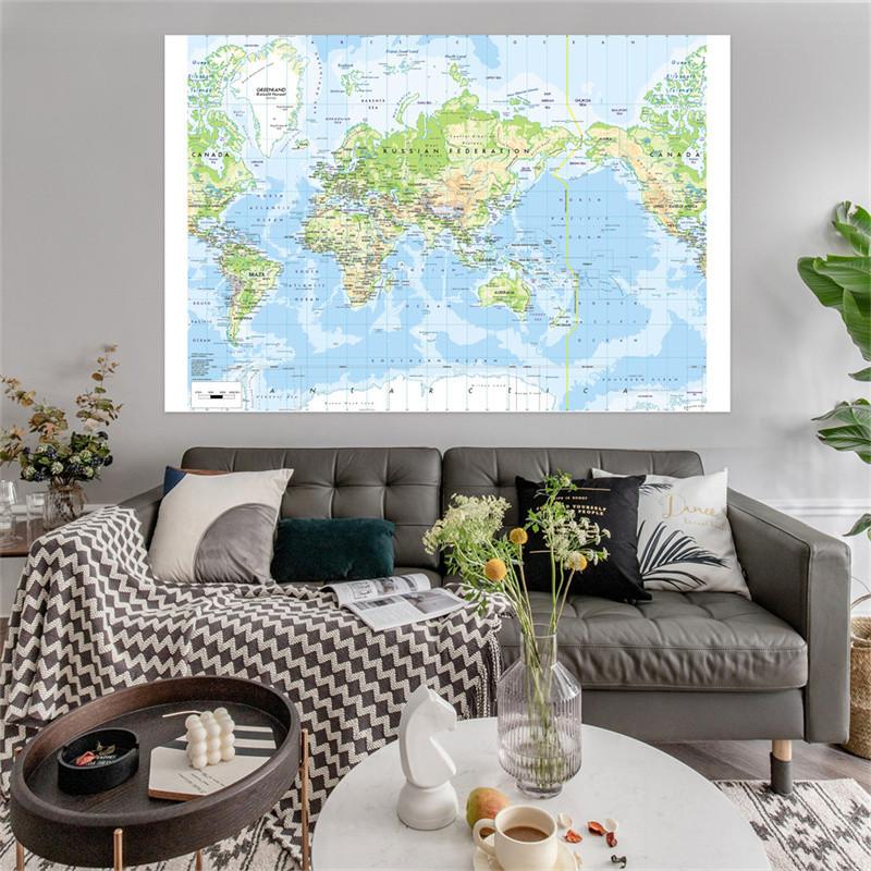 Without Frame English-World Map-Geographic Map with Cities Backdrop,Travel Supplies,for Classroom,Dorm,Office Decor