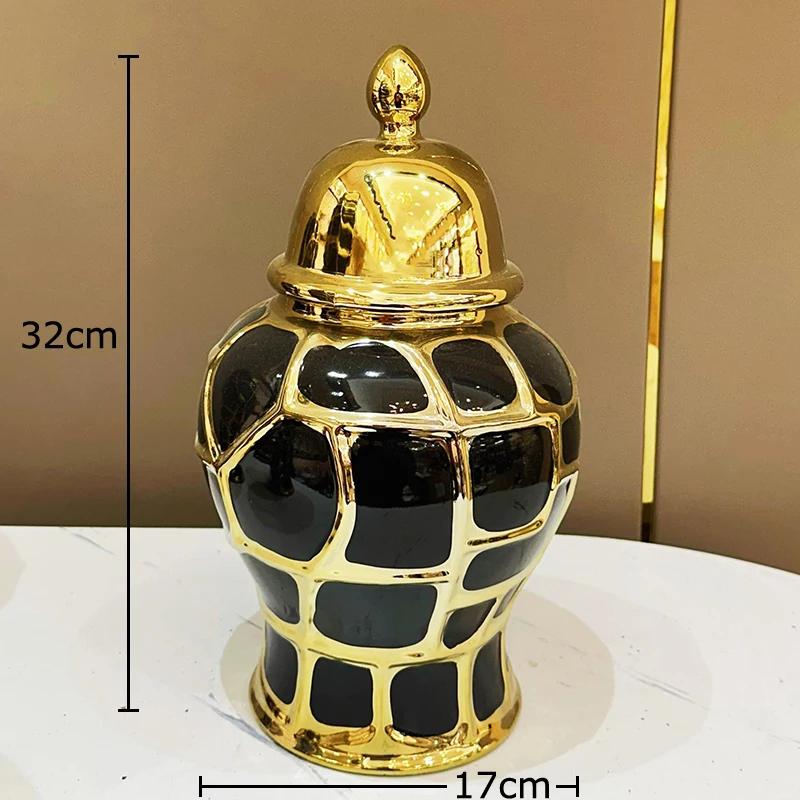 

Black Checkered Pattern General Tank Golden Stripes Porcelain Ginger Jar Creative Vases Dresser Table Jewelry Cosmetic Container
