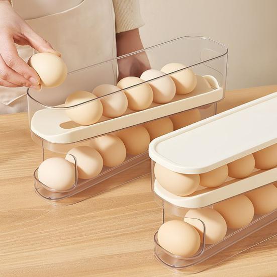 2-stufiger Eierhalter für rollende Eier Aufbewahrungsbox Platzspender Klarer Kühlschrank Automatischer Spar-Eierorganisator