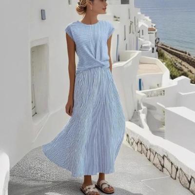 Damen Rundhals Wickel Taille Gestreift Ärmellos Maxikleid