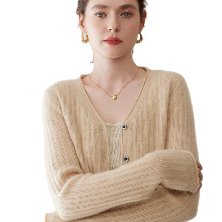 Women's Ribbed V-Neck Cashmere Cardigan - Long Sleeve, Loose Fit, Casual Base Layer Sweater.