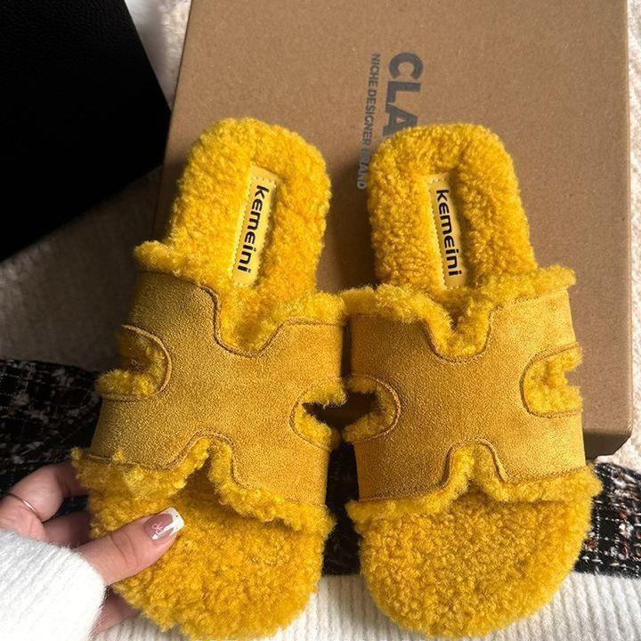 Mao Mao slippers women's outer wear 2025 autumn and winter new plush flat-bottomed casual versatile non-slip one-word drag shoes