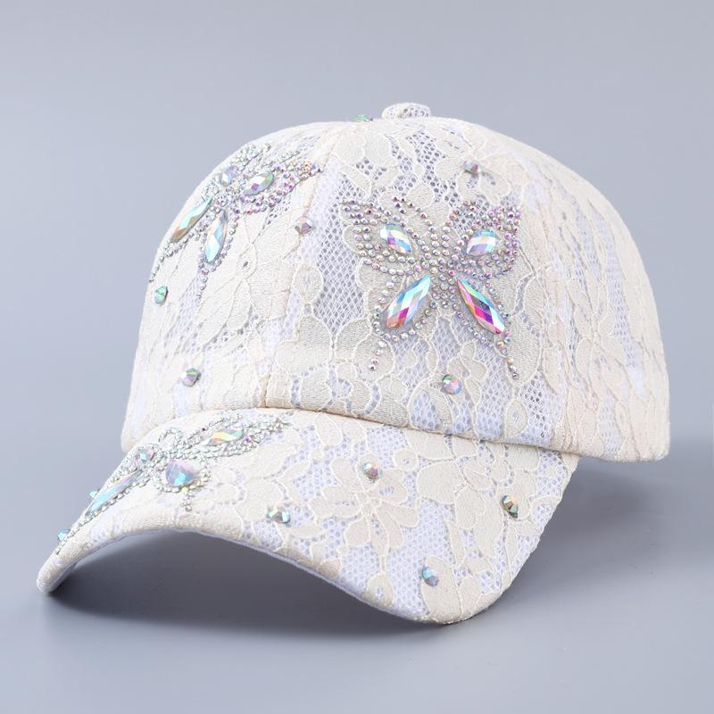 New Rhinestone Butterfly Flower Baseball Cap Women's Spring and Summer Breathable Lace Fashionable and Elegant Curved Brim Cap Batch