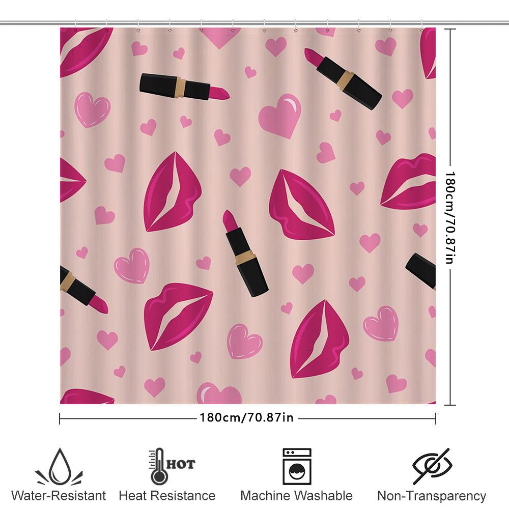 Pink Lipstick Pattern Shower Curtain Home Decor Bathroom Waterproof Fabric Curtains For Girl'S Room Pink Hearts Design With Blac