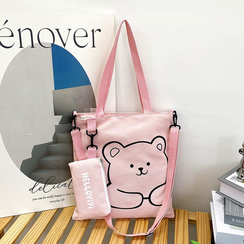 Canvas Bag For Children Back To School With Cute Bear Print Large Capacity Summer New Style Pink