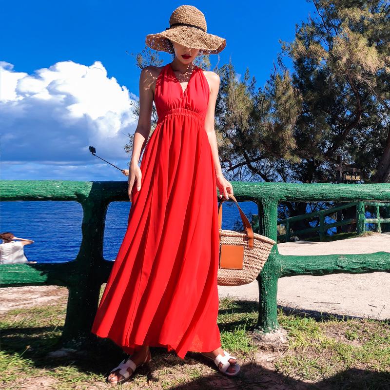Bali seaside vacation beach dress new thin backless neck dress red split dress fairy S красный