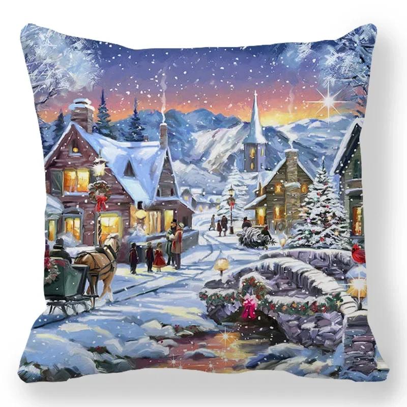Christmas Decor Cushion Cover Christmas Gifts Home Party Decorative Pillow Cover Winter Snow Scene Animal Angel Print Pillowcase
