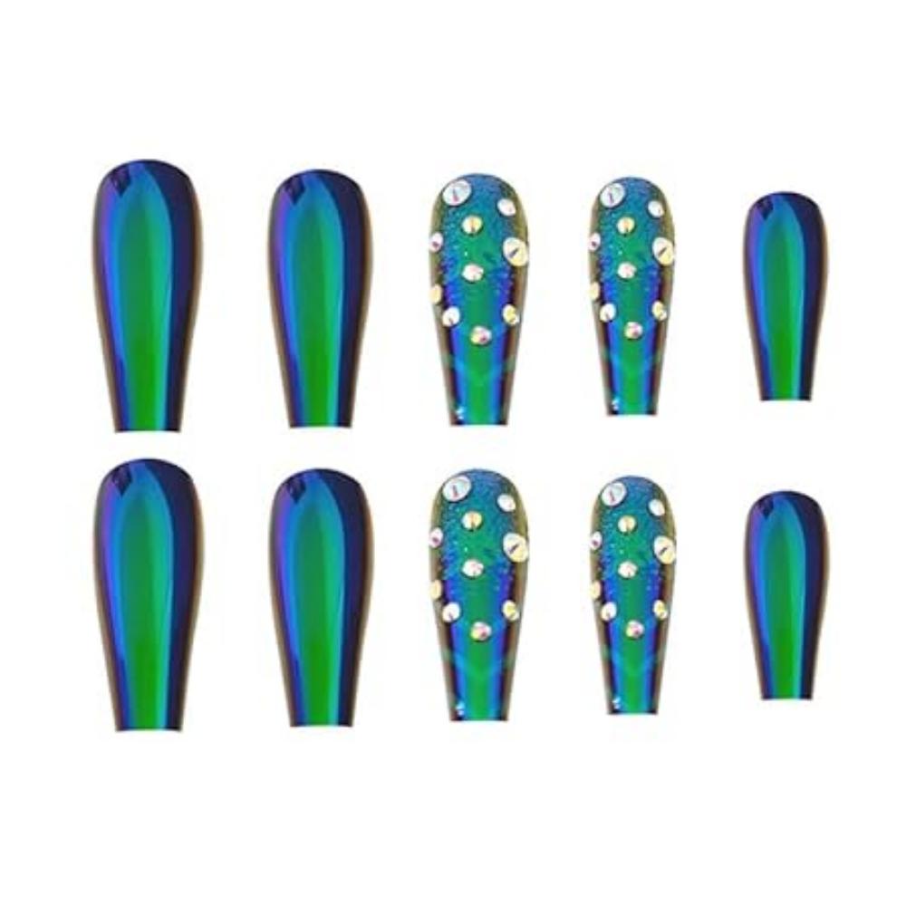 24pc Set Of Extra Long French Artificial Nails With Stone With Free Application KIt (Green Multi)
