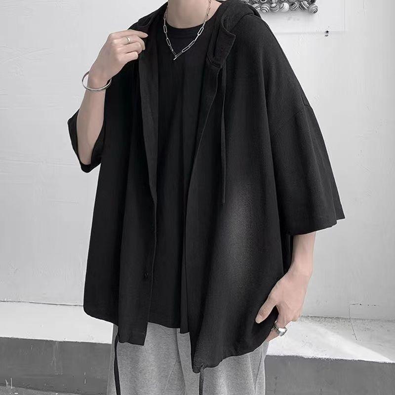 Summer Vintage Oversized Harajuku Shirt Men Casual Loose Hooded Blouse All Match Fashion Streetwear Male Clothes