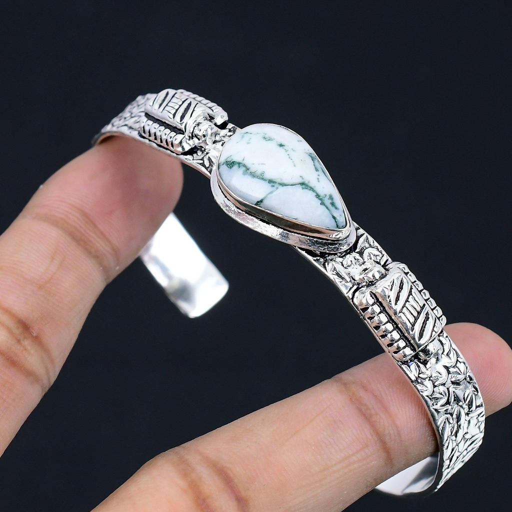 Natural Tree Agate Gemstone 925 Sterling Silver Bangle Adjustable For Girls
