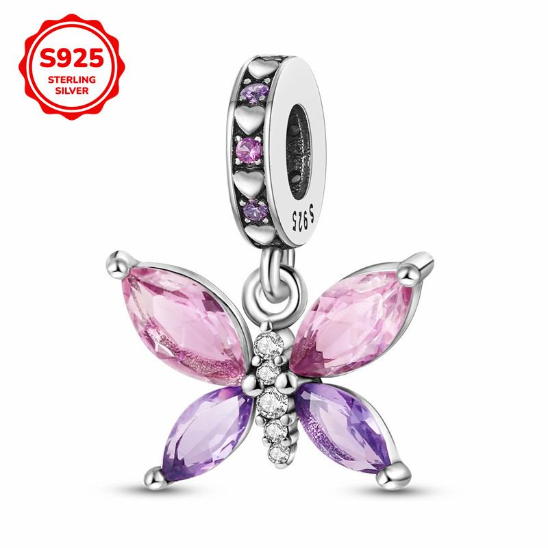 925 Silver Pink Cute Lovely Butterfly Perfume Girl Charms Beads Fit Bracelet DIY Making For Woman Jewelry
