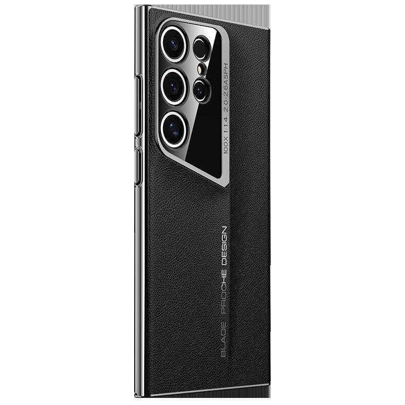 Applicable to Samsung S24Ultra blade plain leather mobile phone case electroplated PC ultra-thin S23U advanced sense anti-drop protective case