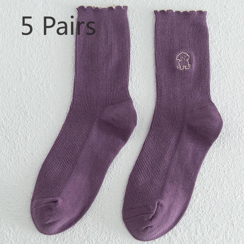 5 Pairs of Women's Autumn and Winter Lace Preppy Cute Cartoon Wooden Ear Edge Cotton Tube Pile Socks