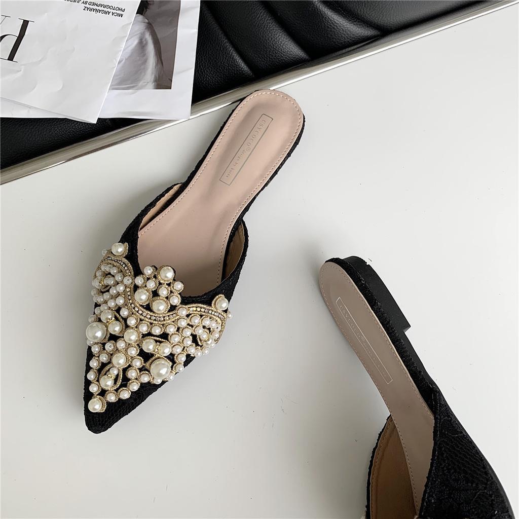 French Romantic Handmade String Gentle Lace Pointed Flat Bottom Slippers Fairy Wind Baotou Slippers