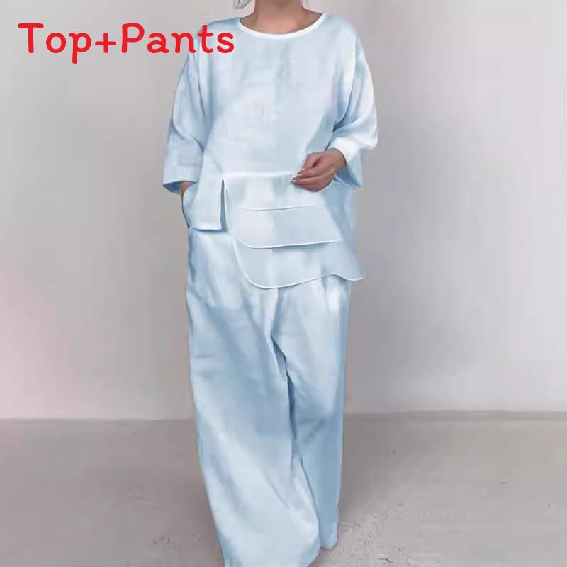 Classic Satin Shirt And Wide Leg Pants Set For Women With Pockets For Fall
