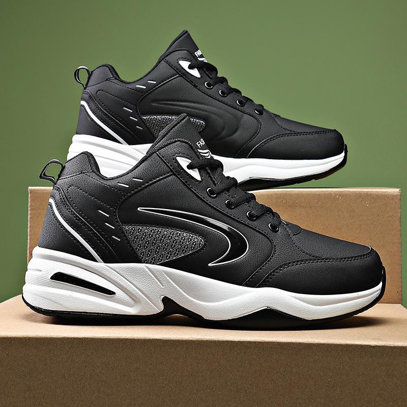 Pánské nepromokavé kožené černé sportovní boty – 2024 podzim/zima, protiskluzové, plus sametové, neformální tatínkové boty