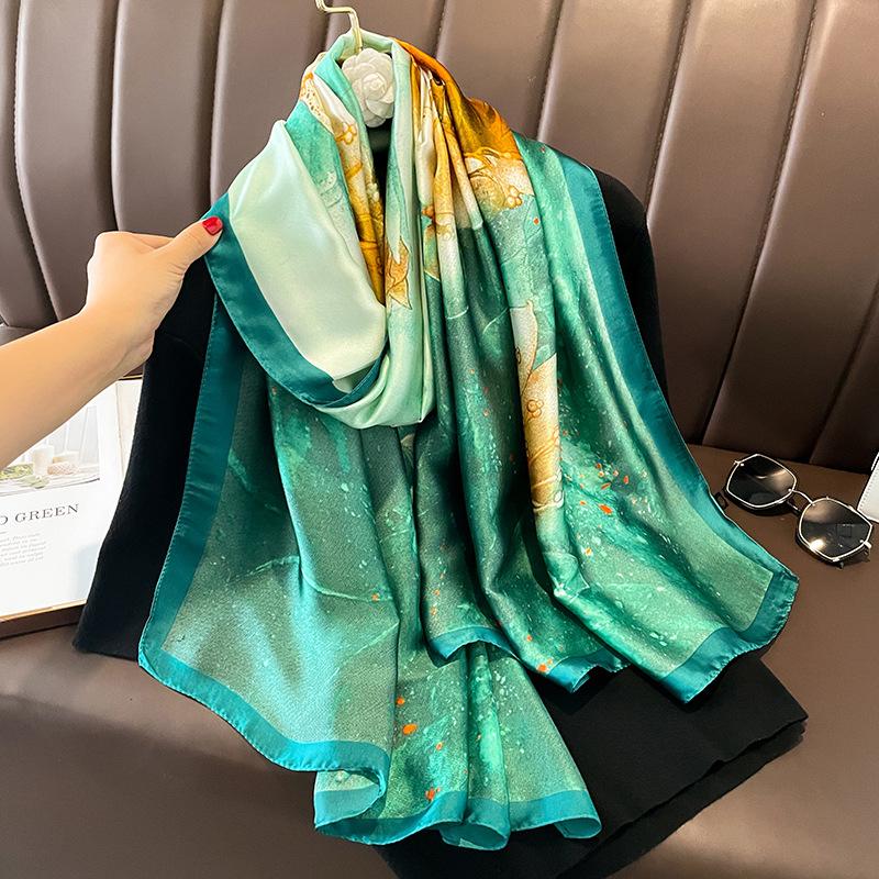 Painting Floral Design 100% Silk Feeling Scarf For Women 180X90Cm Shawl Wraps Luxury Female Hijab Headband Foulard Beach Stoles