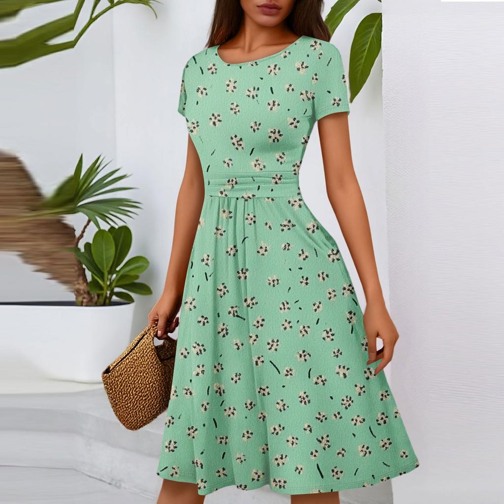 Women's Casual Fashion Round Neck Pleated Short Sleeve Floral Print A-Line Midi Dress