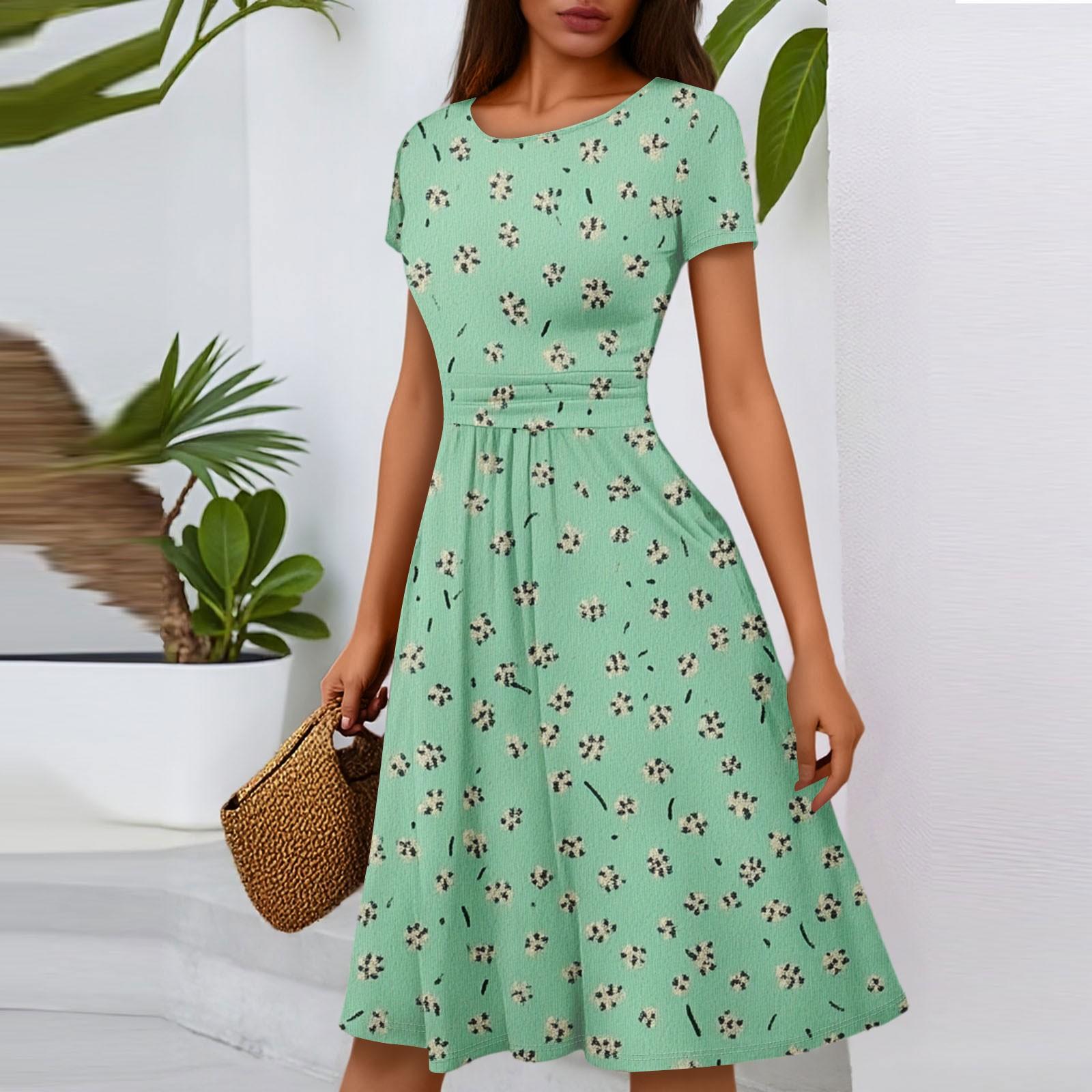 

Женское повседневное модное платье миди А-силуэта с круглым вырезом, плиссированными короткими рукавами и цветочным принтом S зелёный