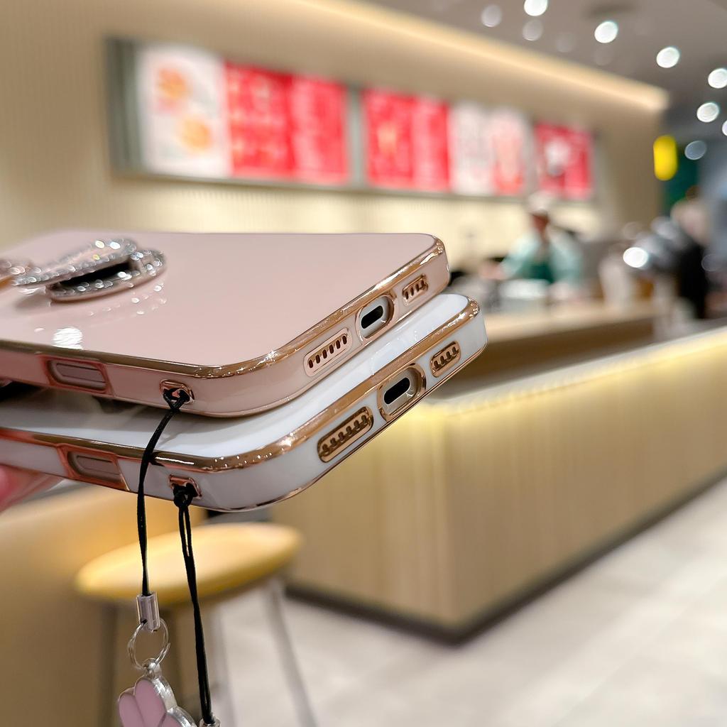 Luxury Wrist Strap Love Heart Stand Plating Camera Lens Protect Bumper Phone Case For iPhone 17 Air 16 15 14 Plus 13 12 11 Pro Max SE Girls Cute Cover