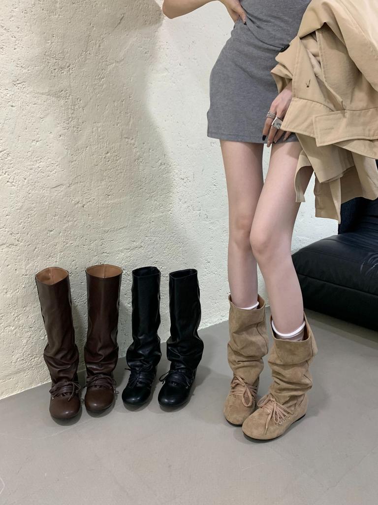 Vintage Western Pile Boots Women's 2025 Summer New Square Head Inner Height Increasing Lace-up Folded Calf Boots