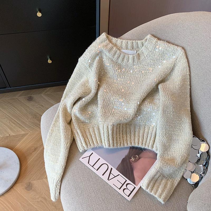 

Белый свитер-пуловер с круглым вырезом и пайетками, женский осенне-зимний дизайн, нежный, универсальный, короткий вязаный свитер L белый