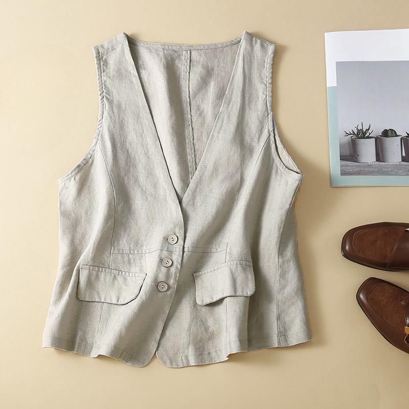 Women's Retro Vest Summer V-neck Casual Sleeveless Vest Cotton and Linen Thin Vest Jacket