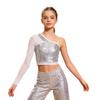 Girls Shiny Sequins Sheer Mesh Long Sleeve One Shoulder Side Zipper Crop Top