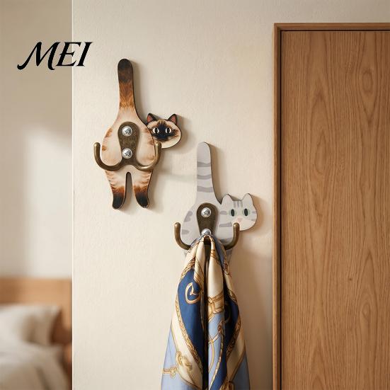 No Drill Wall Hook Cat Butt Wooden Hook, Double with Strong Adhesive Backing Corridor Organizer Durable Cat-Shaped Decorative for Keys Bags